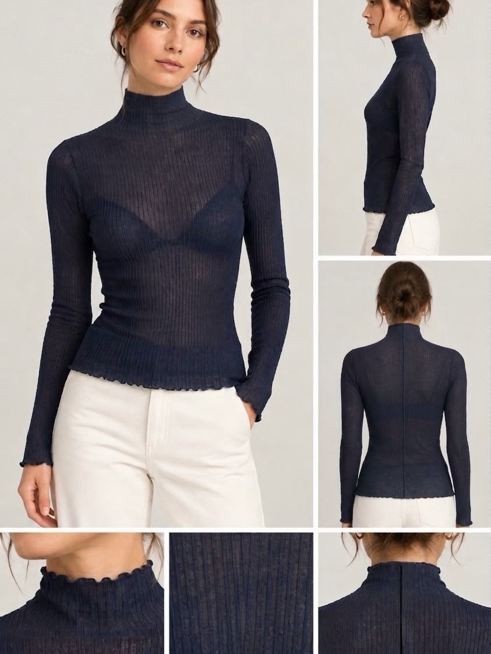 Theory Navy Fine-Ribbed Funnel Neck Top